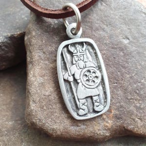 Viking Warrior Pendant & Leather Necklace – Swedish Pewter – Norse Mythology Amulet – Scandinavian 60s/70s Vintage Christmas Gift for Him