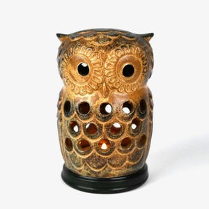 Bougeoir hibou vintage en céramique : bougie chauffe-plat bohème perforée