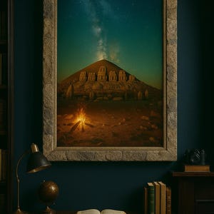 Night Sky Wall Art – Milky Way Galaxy Print with Campfire & Ancient Ruins – Starry Landscape Photo – Rustic Nature Decor - Galaxy Poster
