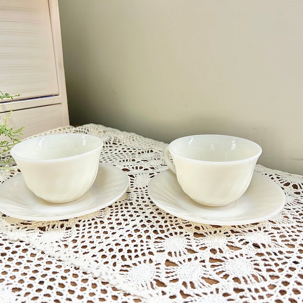 Set of 2 Vintage Fire King Ivory Teacups and Saucers - Retro Kitchen Decor