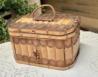 Vintage Bamboo Basket Box with Lid | Woven Storage Basket | Rustic Sewing Basket | Cottage Decor Keepsake Box