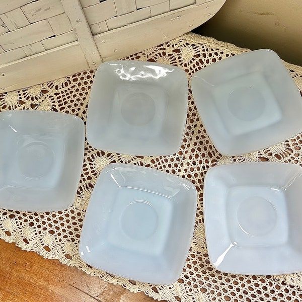 Vintage Anchor Hocking Square Milk Glass Fire King Saucers Set of 5 in Light Blue