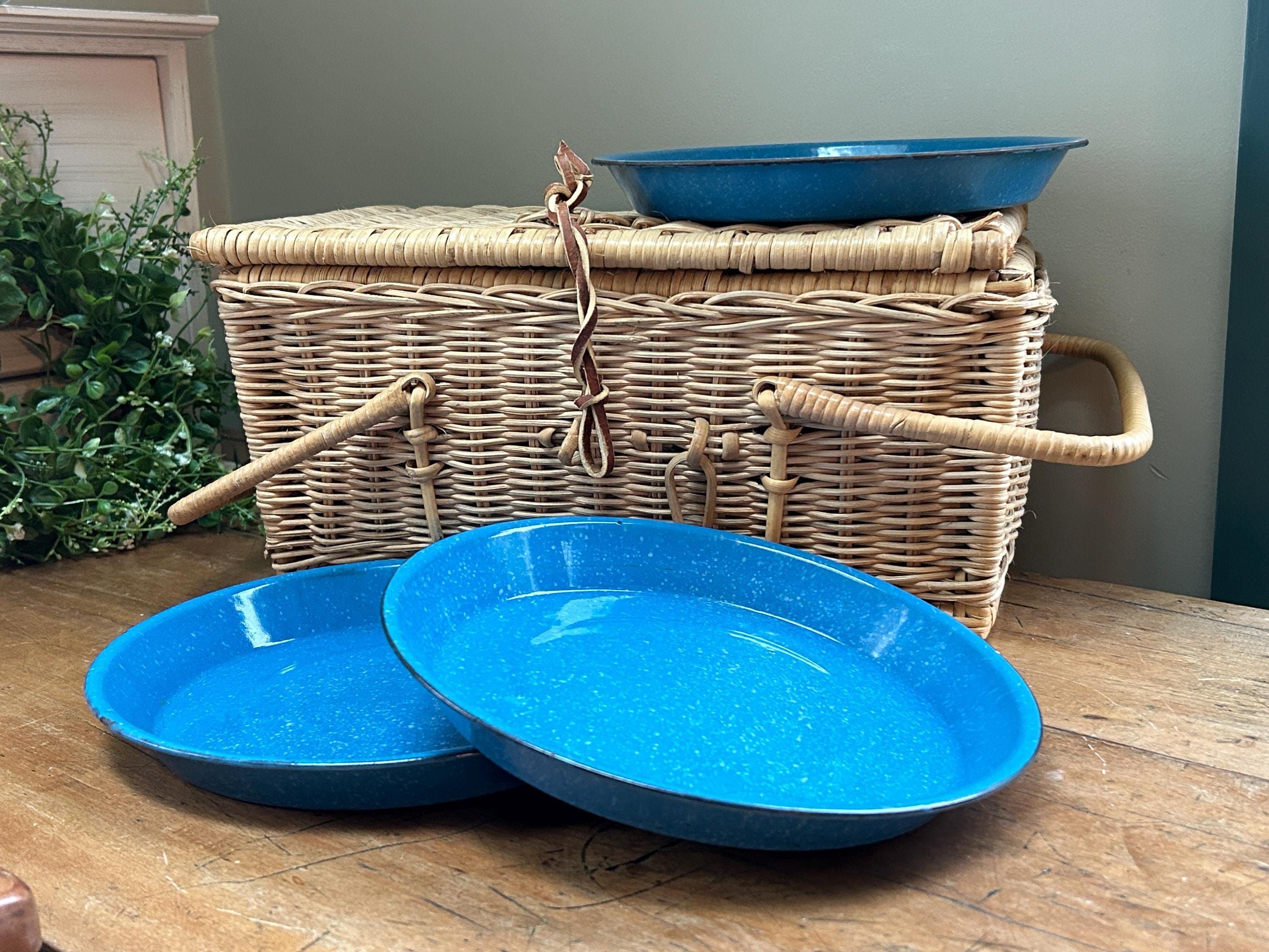 Vintage Blue Spatterware Plates - Set of 3 Chippy Enamelware Camp Plates