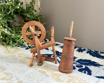 Vintage Dollhouse Miniatures: Wooden Butter Churn and Spinning Wheel