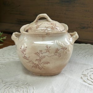 May include: Cream-colored ceramic sugar bowl with a lid and handles. The bowl and lid are decorated with brown floral patterns. The sugar bowl is sitting on a white, textured surface.