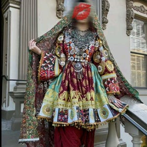 Vintage Afghan Kuchi Dress: Embroidered Tribal Gown with Coin Accents