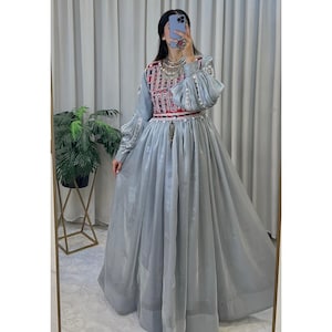 Vintage Afghani Dress | Hand Embroidered Silver Maxi | Ethnic Boho Afghan Gown | Traditional Long Sleeve Mirror Dress | Afghan cloth