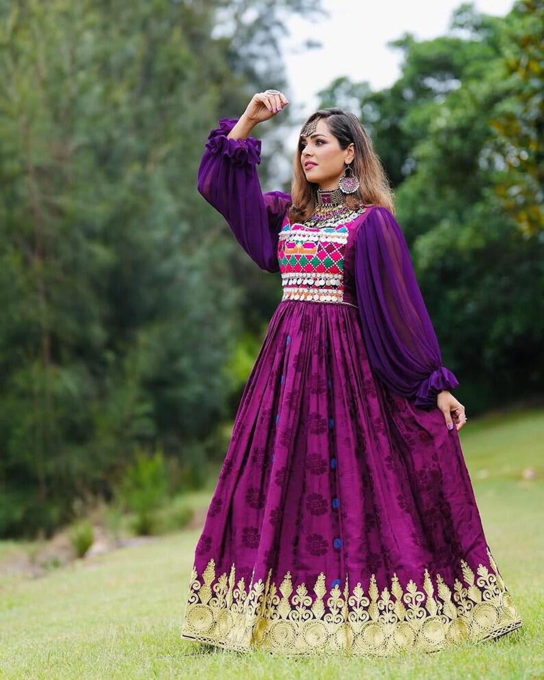 Afghan Kuchi Dress: Purple & Gold Hand-Embroidered Pashtun Wedding Attire Afghan Kuchi Dress: Purple & Gold Hand-Embroidered Pashtun Wedding Attire