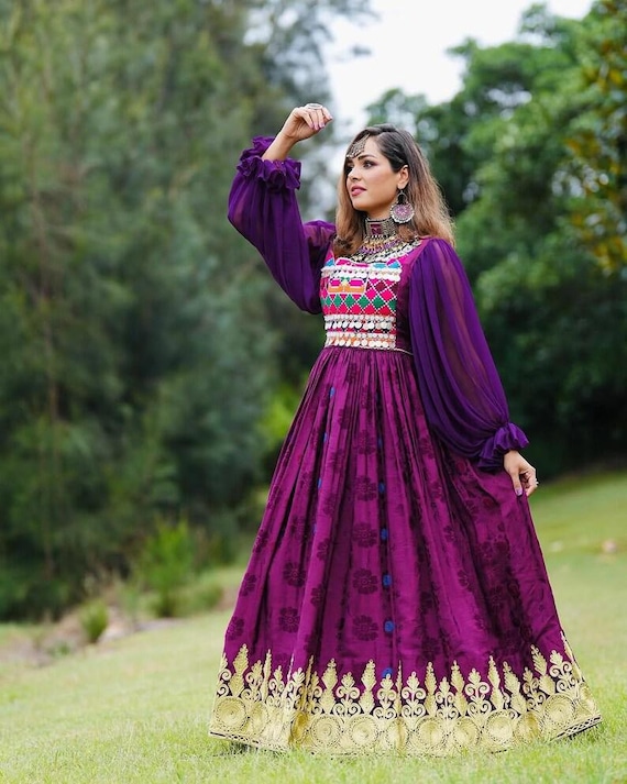 Afghan Kuchi Dress: Purple & Gold Hand-embroidered Pashtun Afghan Kuchi Dress: Purple & Gold Hand-embroidered Pashtun