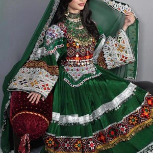 Vintage Afghan Dress | Handmade Green traditional Kuchi Dress with Mirror & Embroidery | Traditional Afghani Wedding Dress | Afghan Clothes