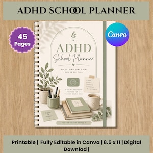 May include: A spiral-bound ADHD School Planner with a cream cover featuring an arched frame, a potted plant, a mug, and a stack of notebooks. The text reads ADHD School Planner, Focus, Plan, Stay Calm, You've Got This, and Progress Not Perfection.