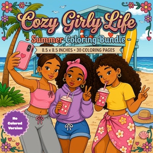 May include: A digital illustration for a coloring book titled Cozy Girly Life - Summer Coloring Bundle, 8.5 x 8.5 inches, 30 coloring pages. It features three individuals on a beach with a lifeguard tower, palm trees, and a surfboard.
