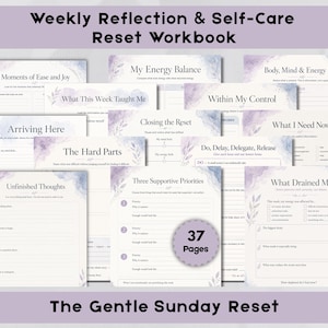 Puede incluir: Un cuaderno de trabajo de 37 páginas titulado Weekly Reflection & Self-Care Reset Workbook y The Gentle Sunday Reset. Las páginas presentan un diseño floral de acuarela en color violeta claro con secciones como Moments of Ease and Joy y My Energy Balance.