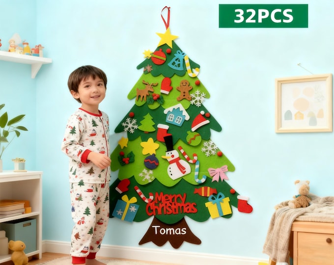 Personalized  Montessori Felt Christmas Tree  with Name,DIY Christmas Wall Hanging Decor,Christmas Tree Kit for Kids,Toddlers Christmas Gift