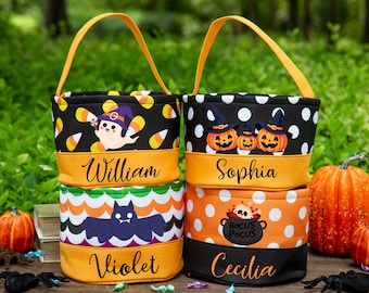 Aangepaste Trick or Treat snoepemmer, Halloween-emmer voor kinderen, Halloween-mand, naamsnoepzakje, draagtas Halloween-kinderen, Halloweencadeaus, cadeau voor zoon