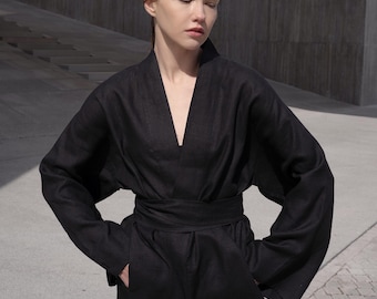 Short Oversized Linen Kimono Robe: Bohemian Loungewear, Spa Cover-Up