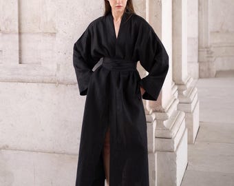 Oversized Long Linen Kimono Robe: Bohemian Loungewear, Spa Cover-Up, Maxi