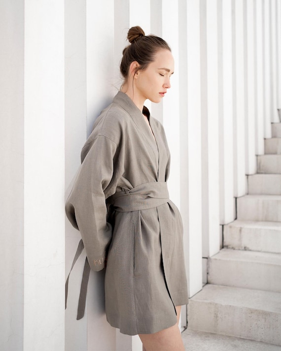 linen kimono dressing gown Short Oversized Linen Kimono Robe: Bohemian Loungewear, Spa Cover-Up