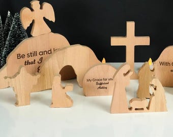 Personalized Wooden Nativity Full Set: Solid Wood Christmas Scene for Holiday Decor