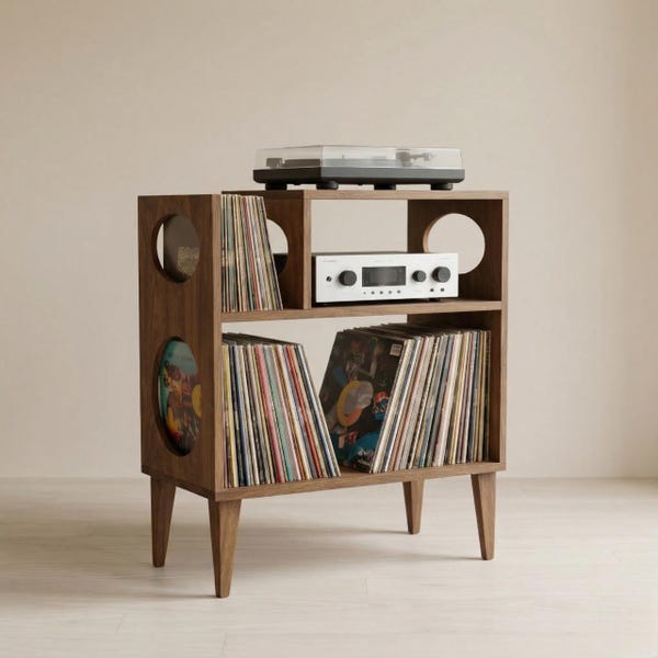 Wooden Vinyl Record Storage Stand: Mid-Century Design Turntable Console