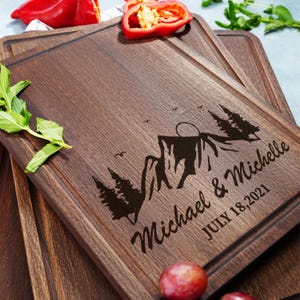 Personalized Mountain Wedding Gift Charcuterie Board, Wedding Gift, Couple Gift, Hiking Couple Gift, Personalized Cutting Board, Engraved