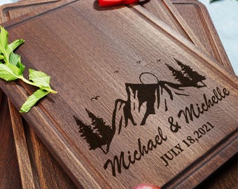 Personalized Mountain Wedding Charcuterie Board: Engraved Couple Gift