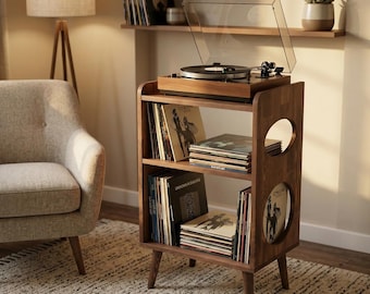 Mid-Century Modern Record Player Console: Solid Wood Vinyl Storage Cabinet