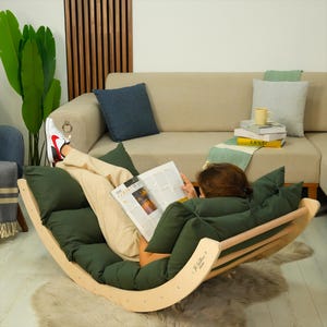 Houten chaise longue: schommelkussen voor buiten voor dutjes in de tuin, gezellig terrasmeubilair afbeelding 6