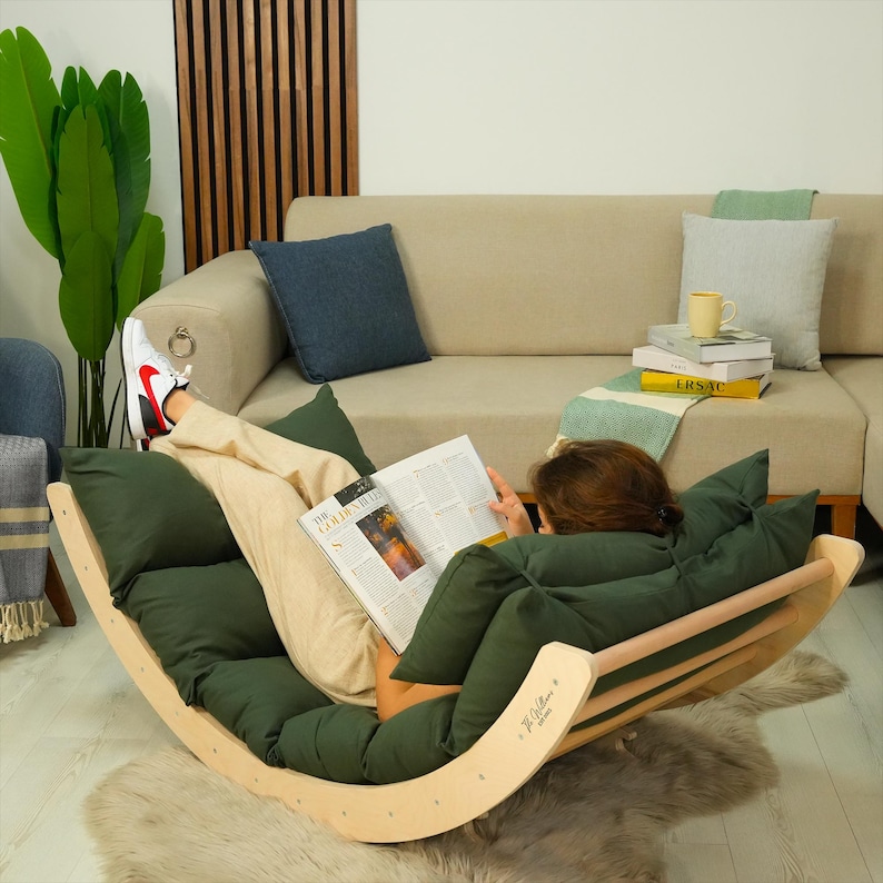 Houten chaise longue: schommelkussen voor buiten voor dutjes in de tuin, gezellig terrasmeubilair afbeelding 6