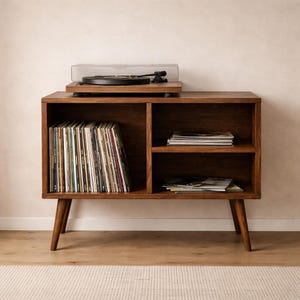 May include: A dark wood record player console in a mid-century modern style. It features a turntable, storage for vinyl records, and angled legs. The console has a clear dust cover and is designed for vinyl record storage.