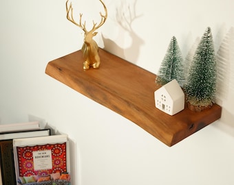 Live Edge Walnut Floating Shelf: Hidden Bracket, Handmade Solid Wooden Rack, Rustic Kitchen Design