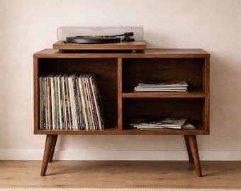 Mid Century Record Player Stand: Vinyl Storage Cabinet, Wooden Console