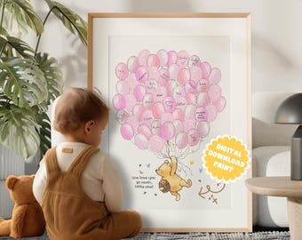 Winnie the Pooh Baby Shower Guestbook Sign, Printable Nursery Wall Art, Instant Download, Pink