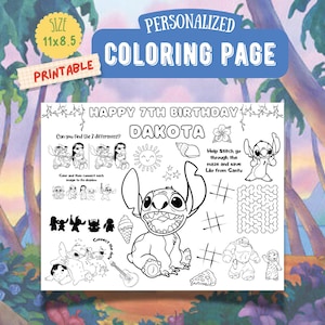 Stitch Birthday coloring page, Stitch Placemat, Lilo and Stitch Party favors, Printable, Personalized