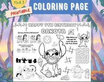 Lilo and Stitch Birthday coloring page, Stitch Placemat, Lilo and Stitch Party favors, Printable, Personalized