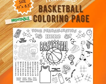 Basketball Coloring Page Placemat | Printable | Personalized | Basketball Party Favors| Sports Birthday