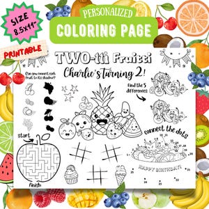 TWOtti Frutti Birthday Coloring Page | Fruit Party Favor | Personalized Tropical Summer Coloring Page | 2nd Birthday Coloring
