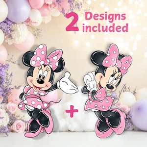 Könnte beinhalten: Zwei Minnie-Maus-Designs sind abgebildet, jedes in einem rosa gepunkteten Kleid und einer Schleife. Das Bild enthält den Text "2 Designs included" in Pink. Ballons und Blumendekorationen bilden einen festlichen Hintergrund.