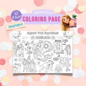 May include: A personalized coloring page with the text "Happy 4th Birthday Adelina". The page features line art of a princess, a maze, and other characters. The size is 8.5 x 11 inches.