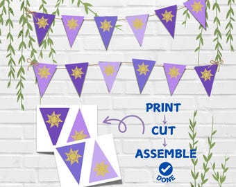 Bandera de Enredados: Decoración para fiesta de Rapunzel con sol morado y dorado (Descarga instantánea)