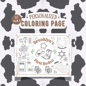Może przedstawiać: Spersonalizowana strona do kolorowania z napisem "Brooklyn's First Rodeo". Projekt zawiera kapelusz kowbojski, buty, gwiazdy i labirynt. Rozmiar to 27,9 x 21,6 cm.