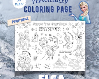 Elsa Frozen Birthday coloring page, Frozen Party Favors, Placemat, Personalized, Activity Games