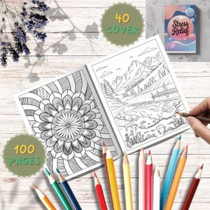 Op de afbeelding: Een kleurboek met 100 pagina's en een omslag met de tekst "40 Cover". Het open boek toont ingewikkelde zwart-wit ontwerpen, met kleurpotloden verspreid. Een kleiner boek met de titel "Stress Relief" is ook zichtbaar.