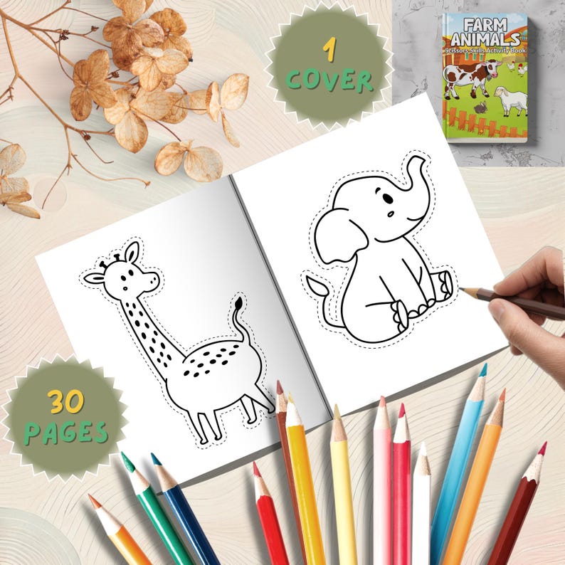 Pu&ograve; includere: Un libro di attivit&agrave; per bambini a tema animali della fattoria, con un disegno di giraffa ed elefante. Il libro &egrave; aperto su una doppia pagina con pagine da colorare. Matite colorate sono disposte attorno al libro. La copertina recita "Animali della fattoria".