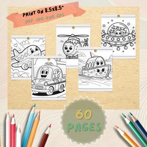 May include: A collection of six black and white coloring pages featuring various vehicles and an alien spaceship. The pages are pinned to a light brown background. The text "PRINT ON 8.5x8.5" and "60 PAGES" are also visible.