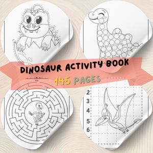 Może przedstawiać: Książka z aktywnościami dla dzieci o dinozaurach, licząca 145 stron. Okładka zawiera cztery okrągłe ilustracje z dinozaurami, w tym małego dinozaura wykluwającego się z jaja, dinozaura połącz kropki, labirynt i pterodaktyla. Tytuł jest czarny, a liczba stron ż&oacute;łta.