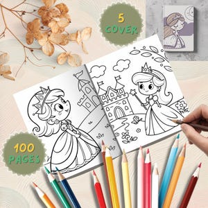 May include: A princess-themed colouring book, open to a double-page spread with princess and castle line drawings. Coloured pencils are arranged below. The cover shows a princess illustration. The book has 100 pages and 5 covers.