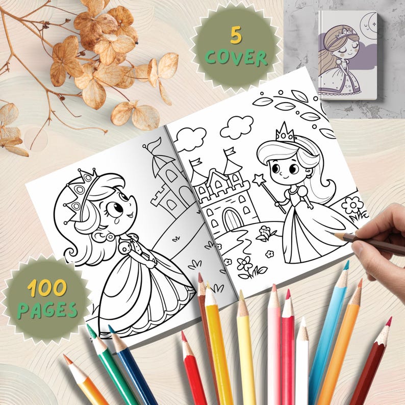 May include: A princess-themed colouring book, open to a double-page spread with princess and castle line drawings. Coloured pencils are arranged below. The cover shows a princess illustration. The book has 100 pages and 5 covers.