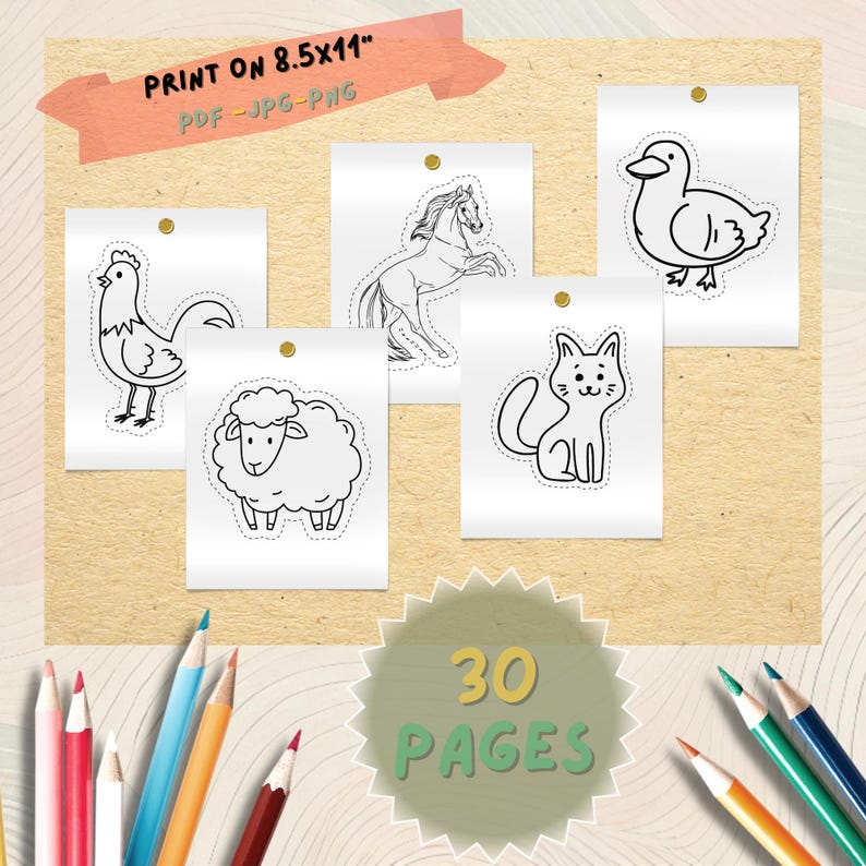 Pu&ograve; includere: Pagine da colorare stampabili con animali della fattoria, tra cui un gallo, un cavallo, un'anatra, un gatto e una pecora. Le pagine sono fissate su uno sfondo marrone chiaro con uno striscione "PRINT ON 8.5x11" PDF-JPG-PNG". Un distintivo verde e giallo recita "30 PAGES".