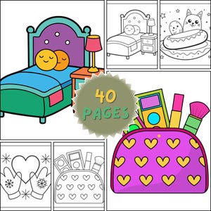 May include: A coloring book with various illustrations. The images include a bed with smiley faces, a bed with a lamp, a cat in a hot dog, a makeup bag, and mittens. The book has 40 pages.